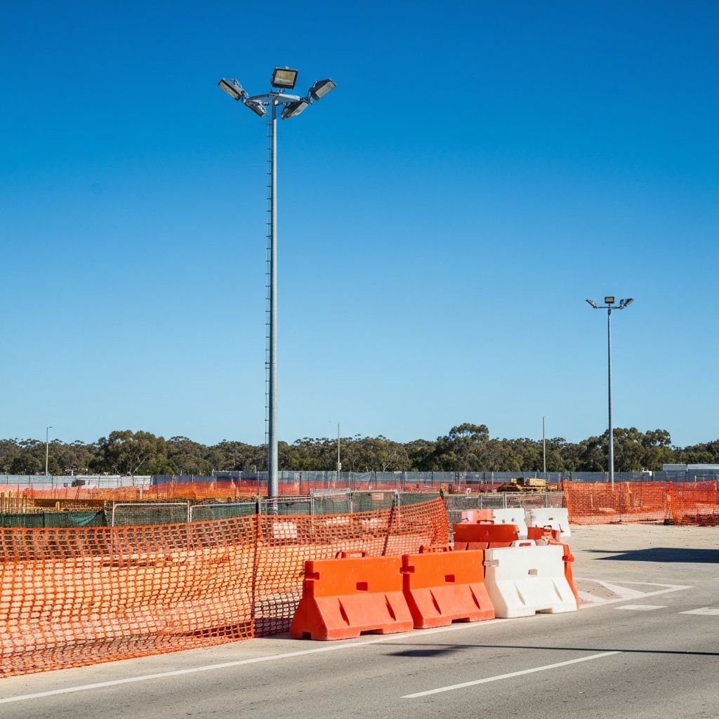 Orange temporary fencing and site lighting tower on a construction site
